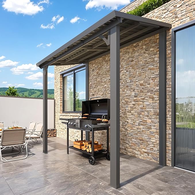 AECOJOY 8' x 5' Hardtop Grill Gazebo Outdoor Pergola, Small Heavy Duty Lean to Metal Pergolas and Gazebos Clearance, Wall-Mounted Grill Gazebo Galvanized Steel Patio Roof Awnings for Patio, Decks