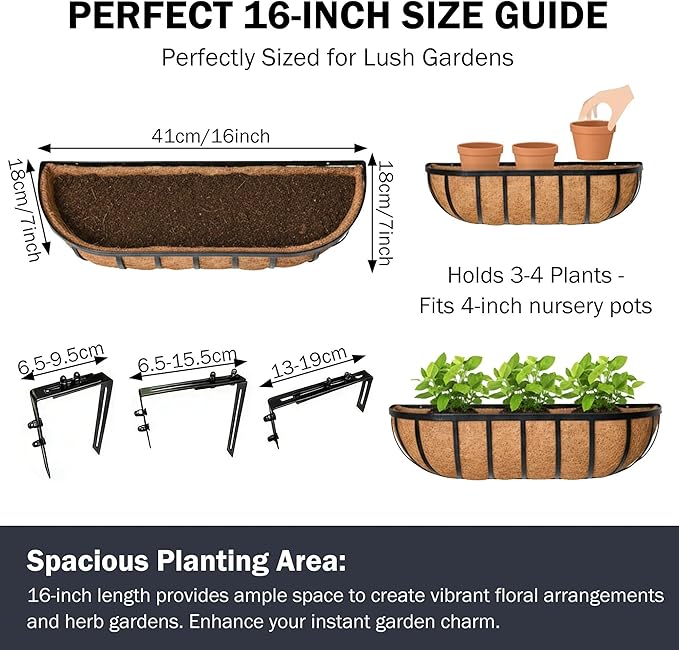 16“ Window Box Railing Planter with Coco Liner Metal Wall-Mounted Coconut Liner Planter Basket English Horse Trough Planters for Outdoor Deck Balcony Porch Fence Patio Black (2 Pack)
