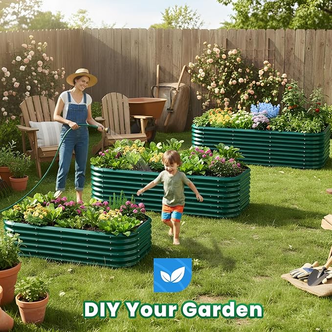 Quictent Galvanized Raised Garden Bed Kit, 8x4x1.5 ft Oval Metal Planter Box Tall for Vegetables Outdoor Backyard, Strengthened by Crossbar, Dark Green