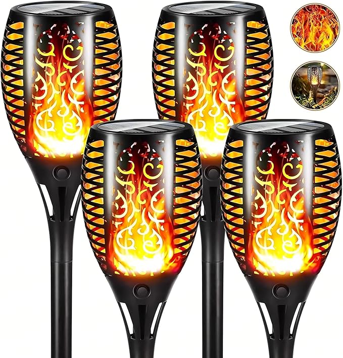4 Pack Outdoor Solar Flame Light,Solar Lights Outdoor for Garden Decorations with Flickering Flame,IP65 Waterproof Solar Powered Yard Lights Torch Light for Lawn Patio Pathway (Warm White)