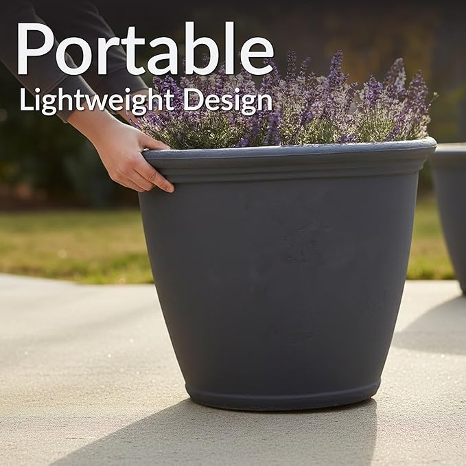 Sunnydaze 24-Inch Anjelica Large Plastic Pot for Plants - Outdoor Double-Walled Large Plastic Planter with Drillable Drainage Holes - Slate - 2pk