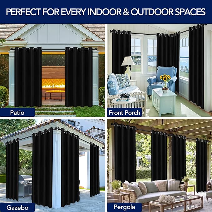 PureFit Outdoor Curtains for Patio Waterproof Weatherproof, UV Resistant Outside Curtains for Gazebo, Front Porch, Pergola, Sun Blocking Privacy Curtain, 52W x 108L inch, 1 Panel, Black