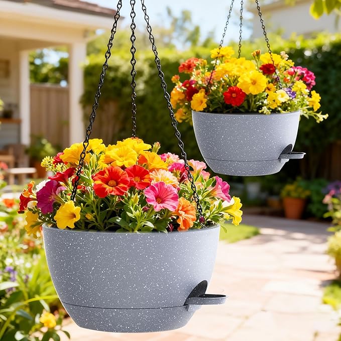 10 Inch Hanging Baskets 2 PC with Chains, Self-Watering Hanging Planters for Indoor Outdoor Plants, Plastic Hanging Flower Pots,Speckled Grey
