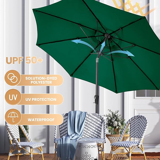 Ayge 9FT Large Outdoor Patio Umbrella Market Table Umbrella-UV Resistant, Easy Push Button Tilt and Crank, 8 Sturdy Fiberglass Ribs Heavy-Duty Pool Umbrella for Deck, Backyard,Garden,Green