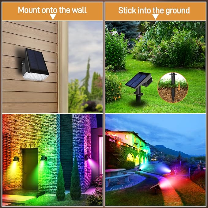 RGB Solar Lights Outdoor Waterproof IP65, 7 Lighting Modes Color Changing 26 LED Solar Spot Lights Outdoor for Yard Garden Pathway Christmas Decor (Multicolor, 2 Pack)