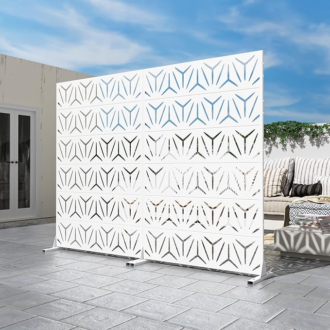 Casaphoria Metal Privacy Screen Outdoor, 72" H x 47" W Freestanding Decorative Privacy Screen for Patio Deck Balcony Garden with Stable Base, White-Star