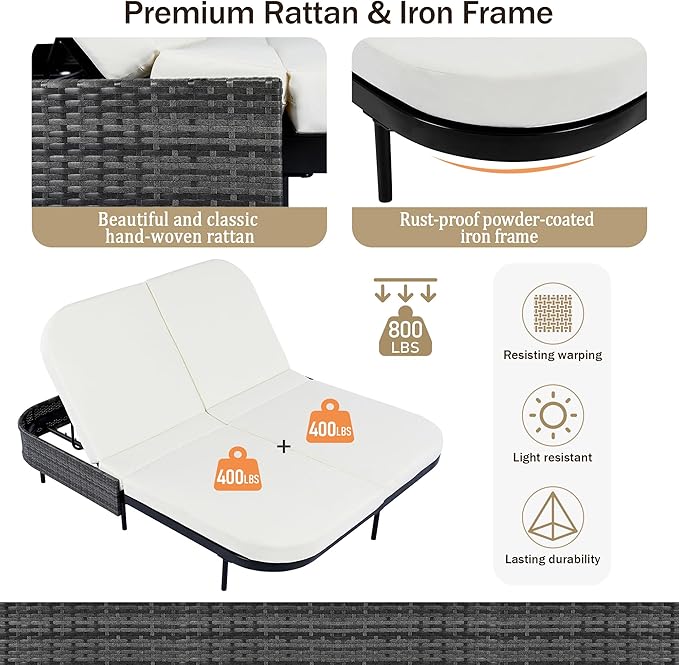 Merax Outdoor Daybed,Patio Rattan Daybed with Adjustable Backrest,Patio Wicker Loveseat Lounger,Outdoor Bed Loveseat Sofa Set with Pillows and Cushions for Garden, Backyard, Poolside,Black+Beige