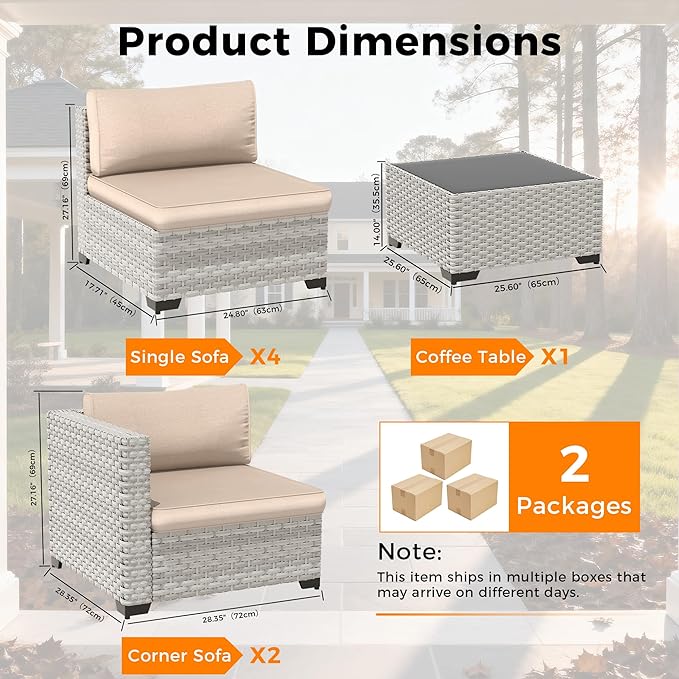 6-Seat Modular Patio Furniture Set – Outdoor Wicker Sectional Sofa with Thick 4″ Cushions, Dual-Strand PE Rattan, Rust-Resistant 18 mm Steel Frame, Backyard Garden Deck Lounge,Beige