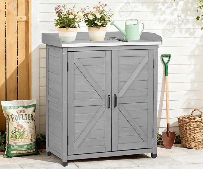 Outdoor Potting Bench with Storage Cabinet and Metal Top, Wood Workstation for Outdoor Patio, Garden (Classic Grey, 31.5x17x39‘’)