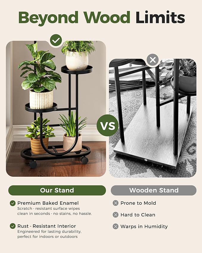 Bamworld Tall Plant Stand Indoor Outdoor Plant Stand with Wheels Heavy Duty Metal Plant Shelf for Multiple Plants Flower Stands for Patio Corner Garden Living Room Balcony, Black