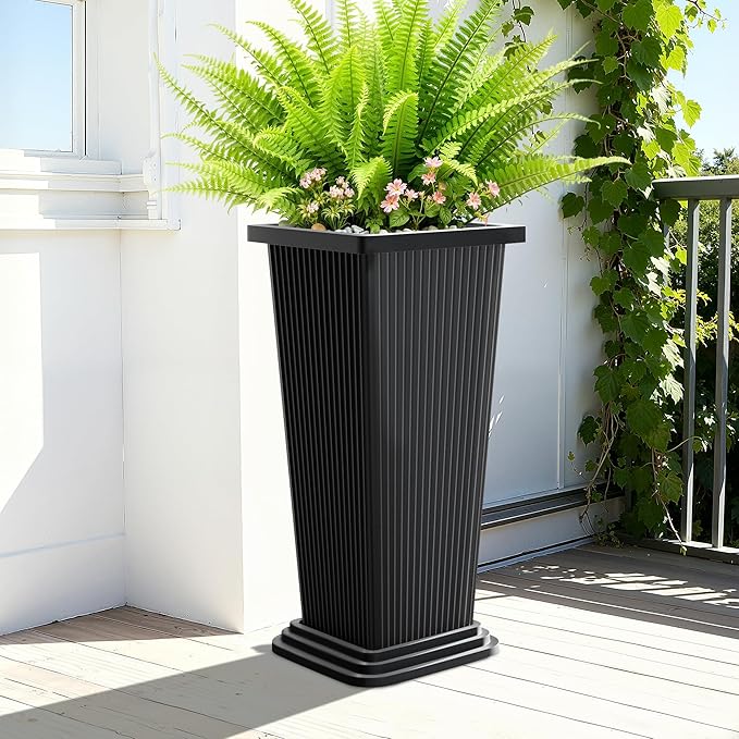 Tall Black Planters Outdoor Set of 2, Large Outdoor Tall Planters Pots with Tray, Modern Tapered Flower Planter for Front Porch, Patio, Garden (24", Ribbed)