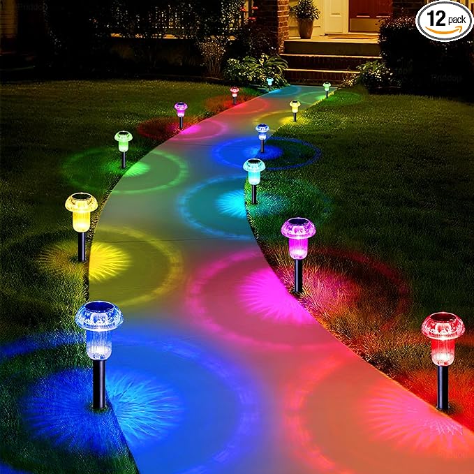 Solar Lights Outdoor Pathway Waterproof 12 Pack Color Changing LED Acrylic Mushroom Decorative Garden Lights for Yard Landscape Patio Outside Decorations