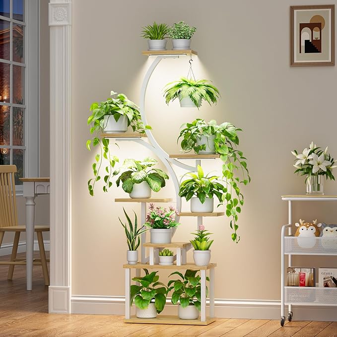 Plant Stand Indoor with Grow Lights - 62" Tall Plant Shelf, Lighted Corner Plant Stands for Indoor Growing, 8 Tiered Large Flower Holder, S-Shaped Plants Rack for Living Room, Patent Design, Natural