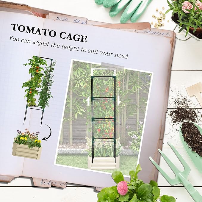 Outsunny Galvanized Raised Garden Bed, 73.5" Tall Outdoor Planter Box with Trellis Tomato Cage and Open Bottom for Climbing Vines, Vegetables, Flowers in Backyard, Garden, Patio, Cream