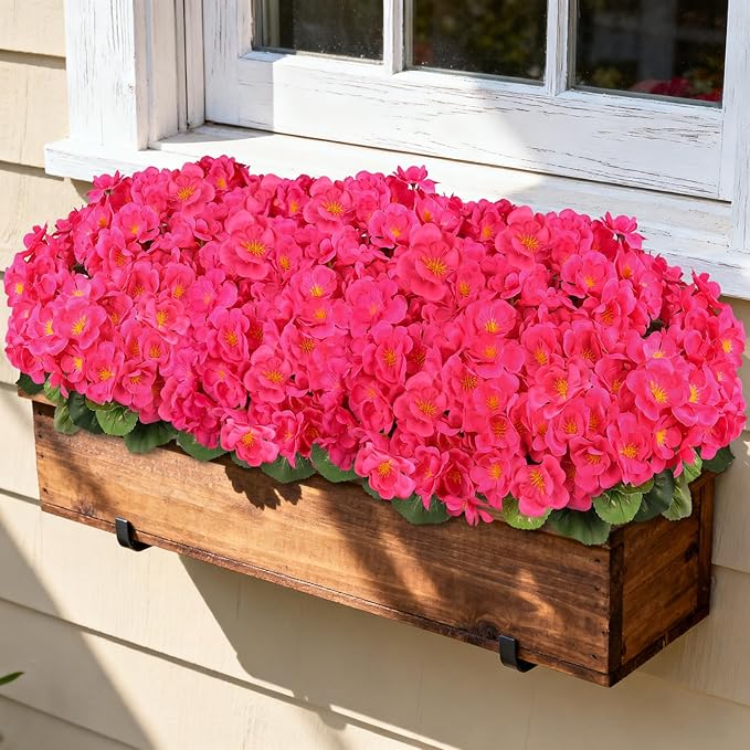Artificial Geraniums Flowers for Outdoors, 6 Bundles Realistic Silk Fake Geranium, No Fade Faux Plants for Hanging Baskets, Window Boxes, Planters - Porch, Patio, Garden Decor(Rosy)