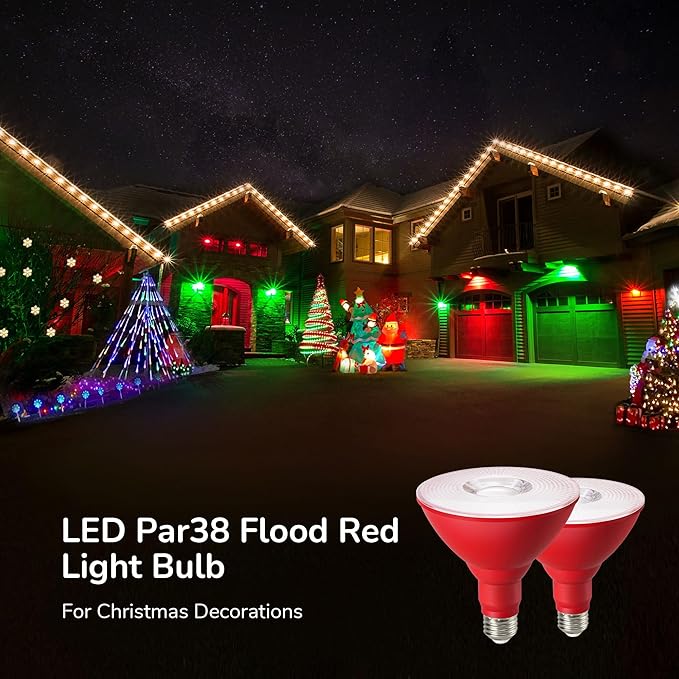 EDISHINE PAR38 Red LED Flood Light Bulbs Outdoor, Dimmable LED Light Bulb, 18W(120W Equivalent), Outdoor Weatherproof Light Bulb, E26 Base, 2 Pack