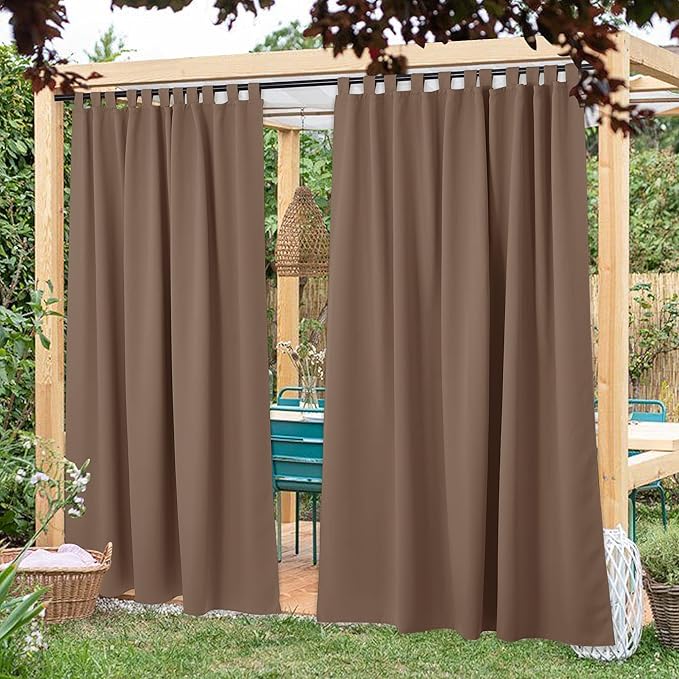 NICETOWN 2 Pieces Outdoor Curtainss for Patio Waterproof Sticky Tab Top, 84 x L108 Extra Wide and Long Blackout Door Blinds Safe Public Dividers Thermal Insulated for Pavilion/Pergola, Tan