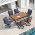 Grand patio 7-Piece Outdoor Dining Set, 6 Leather-Look Wicker Blue Swivel Patio Chairs & 1 Extendable Rectangular Dining Table, Brown