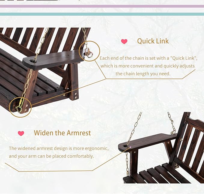 Anraja Wooden Porch Swing 2-Seater, Bench Swing with Hanging Chains, Heavy Duty 800 LBS, for Outdoor Patio Garden Yard, 4 Ft, Brown