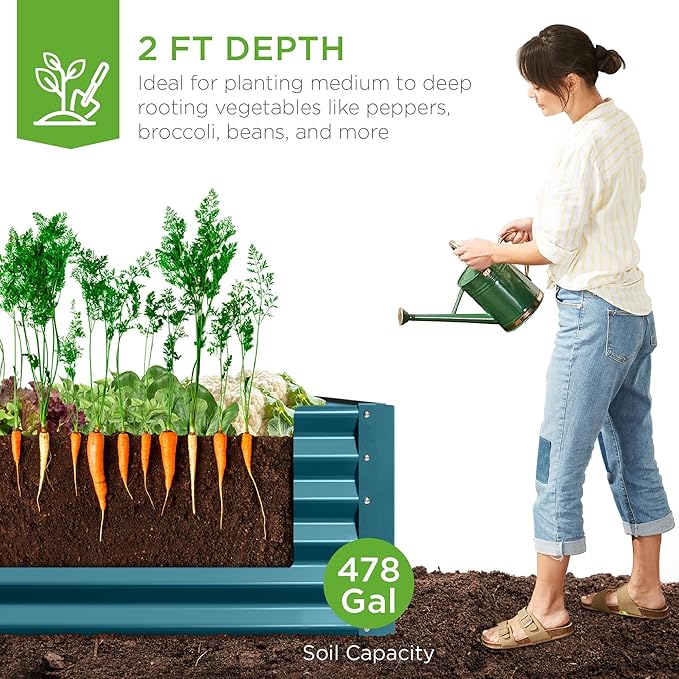 Best Choice Products 8x4x2ft Outdoor Metal Raised Garden Bed, Deep Root Planter Box for Vegetables, Herbs & Flowers, 478-Gallon Capacity, 100% Non Toxic Materials - Peacock Blue