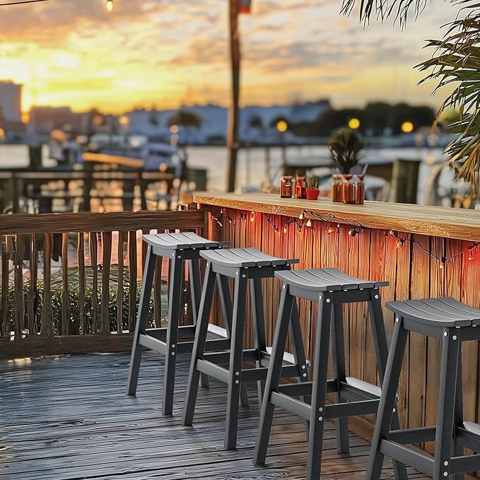 VINGLI 29 Inch Outdoor Bar Stools Set of 4, HDPE Weather Resistant Barstools Heavy Duty Patio Bar Height Chairs for Deck Balcony Kitchen Counter Yard and Poolside (Gray, 29 Inch 4 PC)