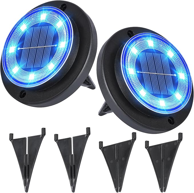 Flacchi Solar Lights Outdoor - Solar Powered Ground Lights Outdoor Solar Disk Light Waterproof Landscape Light for Patio Yard Pathway Walkway Driveway (Blue, 2 Pack)