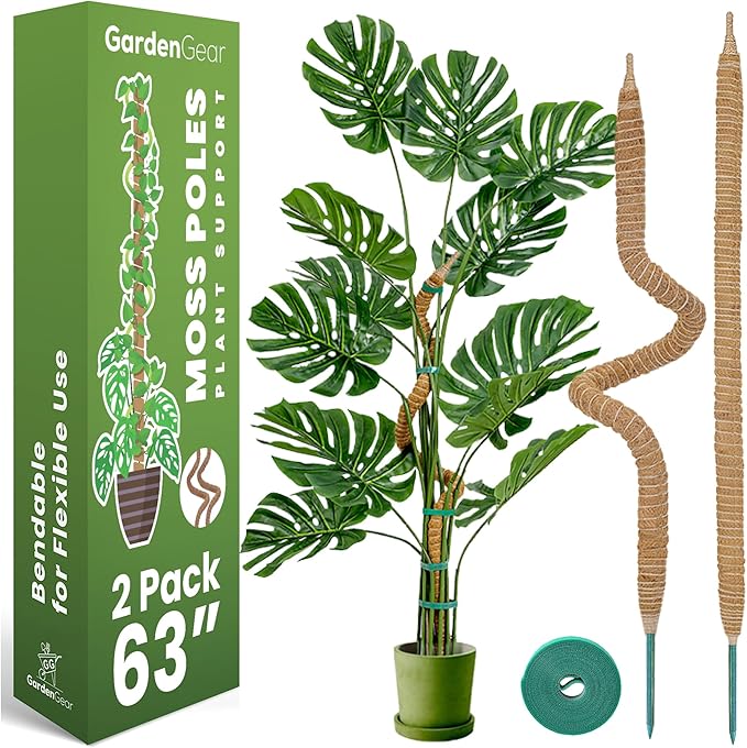 2 Pack 63 Inch Bendable Moss Pole Monstera Plant Support Stakes for Indoor Plants - Tall Moss Stick Trellis for Potted Climbers - Stem Support Accessories for Climbing Houseplants