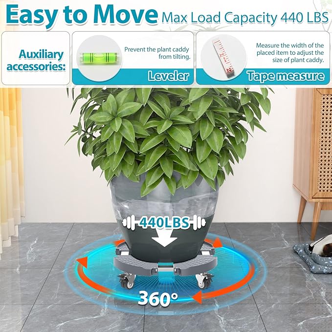 VANCASTLE Plant Caddy Plant Stand with Wheels, Heavy Duty Plant Roller Base 15-22 Inch Adjustable，Palnt Wheel Base 440 LBS, Large Potted Planter Cart Dolly for Flower Mover, Gray, 1 Pack