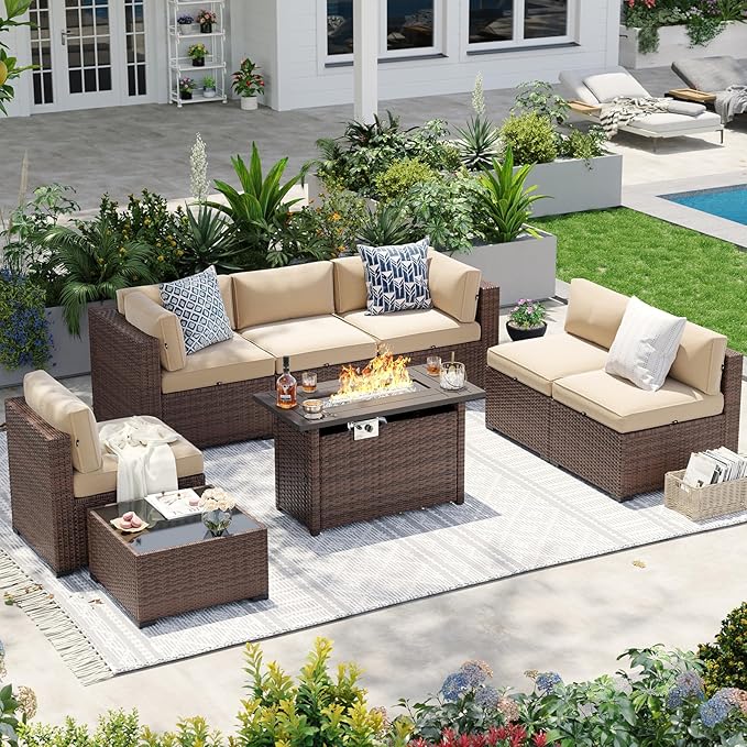 Aoxun Patio Furniture Sets, 8-Piece Outdoor Patio Furniture with 44'' Propane Gas Firepit Table, Wicker Outdoor Conversation Set Sectional Sofa for Backyard, Poolside, Garden (Black Cushion)