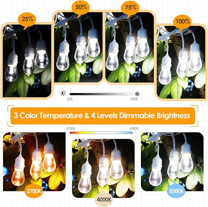 Mlambert 3 Color Outdoor LED Dimmable String Lights for Patio with Remote, Plug in 48FT Waterproof Shatterproof LED Bulb Light for Cafe-White Cord