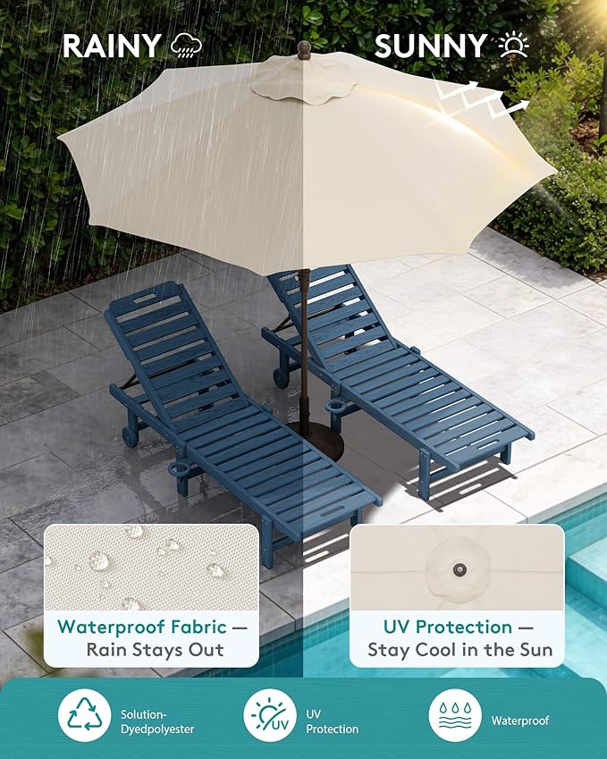 SERWALL Outdoor Chaise Lounge Set of 2 with 9FT Umbrella, HDPE Pool Lounge Chair with 5-Position Adjustable Backrest, Patio Lounger with Rolling Wheels & Cup Holder for Pool, Navy