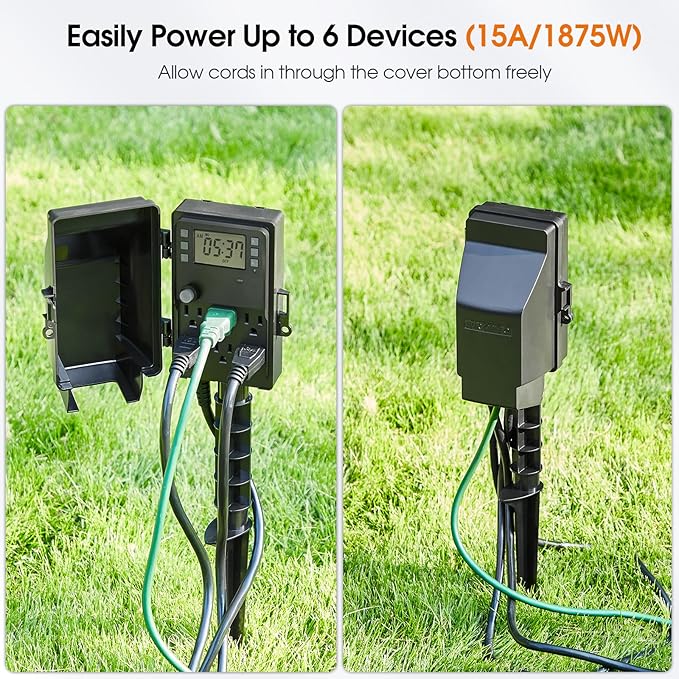 SURAIELEC Outdoor Power Stake, 7-Day Programmable Digital Timer, Power Strip Weatherproof, 6 Multi Plug Electrical Outlet Waterproof, 6FT Extension Cord for Outdoor Light, Outside Halloween Decoration