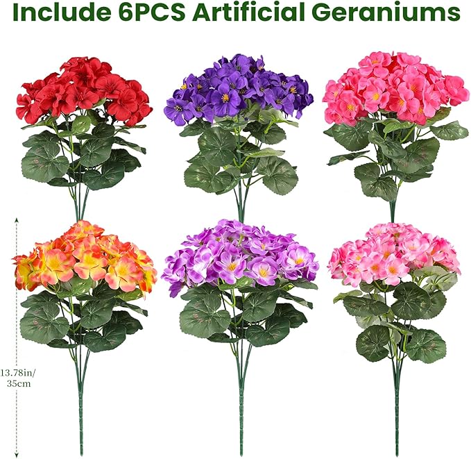 Artificial Geraniums Flowers for Outdoors, 6 Bundles Realistic Silk Fake Geranium, No Fade Faux Plants for Hanging Baskets, Window Boxes, Pots - Porch, Patio, Garden Decor(6 Color)