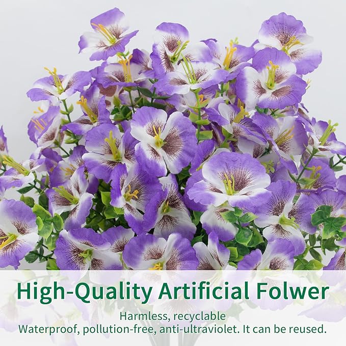 12 Bundles Artificial Pansy Flowers for Outdoor, Faux Silk Pansies Spring Flowers Outside for Planter Front Door Porch Patio Yard Window Box Home Decor (White Purple)