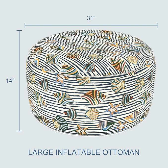 LVTXIII Indoor/Outdoor Extra Large Inflatable Ottoman Pouf D31 x H14 Inch, Round Footstool with Handle, Weather-Resistant Portable Furniture for Patio, Camping, Beach, Cabana Shells