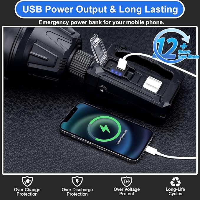 Rechargeable Spotlight Flashlight, Peascat 3,000,000L Lumens LED Handheld Spot Light, 6 Modes, 3 Colored Lenses, Solar & USB-C Charging, Tripod, IPX6 Waterproof for Fishing, Camping, Outdoor Emergency