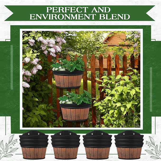 Layhit 6 Pcs Wall Hanging Planters Outdoor Pot Planter Wine Barrel Planter Distressed Oak Thickened Plastic Water Storage Flower Pots for Flower Indoor Outdoor(10 Inches,Brown)