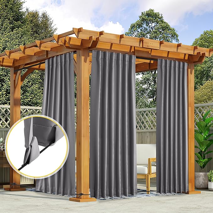 NICETOWN 2 Panels Grey Outdoor Curtains Waterproof Extra Long for Patio, Windproof Top & Bottom Pocket & Back Tab Weighted Blackout Outdoor Drapes Keep Privacy with Rope for Fixed, W52 x L108