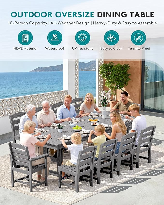 SERWALL 11 Piece Outdoor Dining Set, 84" HDPE Outdoor Table and Chairs for 10，All Weather Patio Furniture Set with Umbrella Hole for Backyard, Garden, Gray