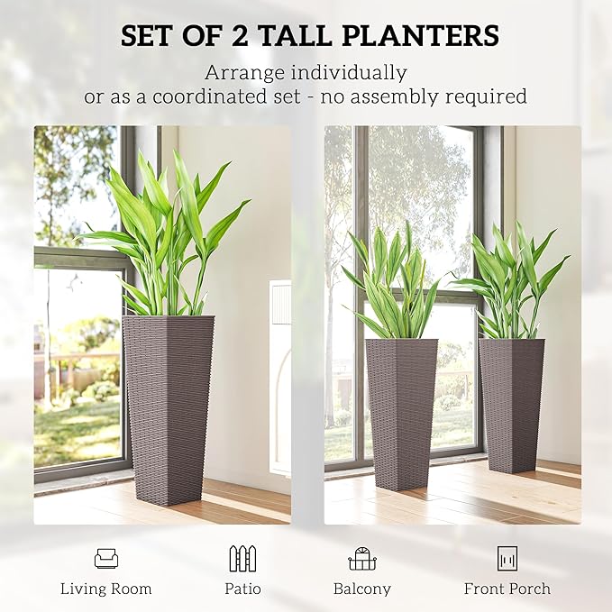 Outsunny 32 Inch Tall Planters for Outdoor Plants, Set of 2 Plastic Rattan-Like Flower Pots with Drainage Holes, Stackable Tapered Planters for Indoor Plants, Front Porch, Brown