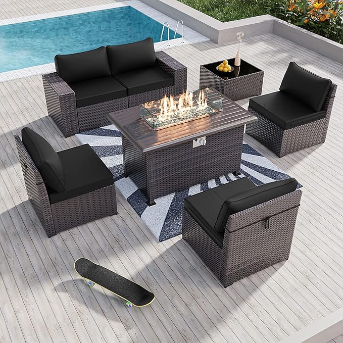 Kullavik 7 Pieces Outdoor Patio Furniture Set with 43" 55000BTU Gas Propane Fire Pit Table PE Wicker Rattan Sectional Sofa Patio Conversation Sets,Black