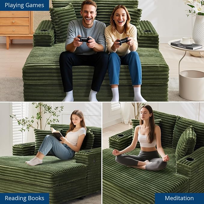GarveeHome Oversized Chaise Lounge Chair Indoor, 56x60 in Comfortable Corduroy Lounge Sofa with Charging Ports & Cup Holders, Cozy Reading Couch for Bedroom Living Room Apartment, Green