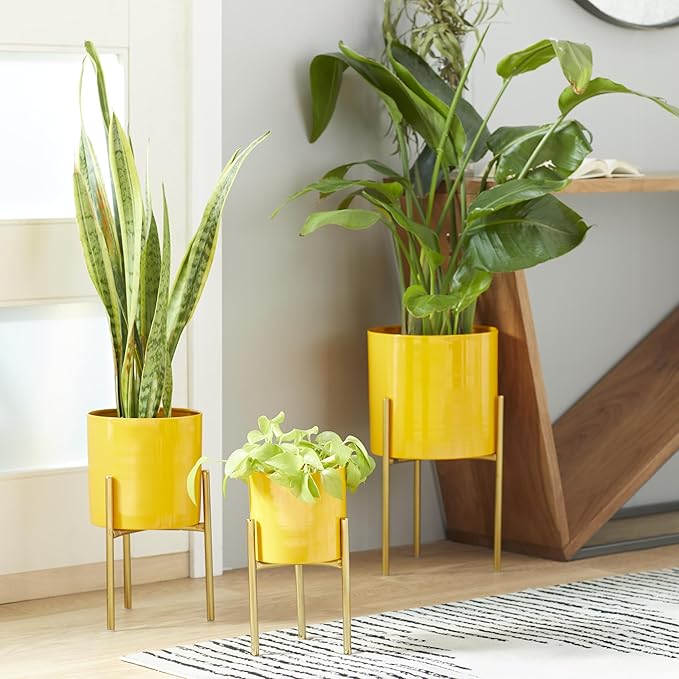 Deco 79 Metal Indoor Outdoor Planter Large Planter Pot with Removable Stand, Set of 3 Planters 12", 14", 18"H, Yellow