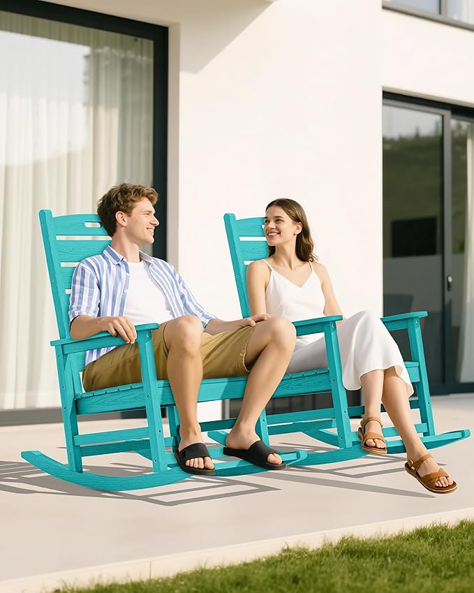 SERWALL Outdoor Rocking Chair Set of 4, Oversized HDPE Patio Rocking Chair with Footrest for Adults, All Weather Porch Rocker for Deck Patio Balcony, Aruba