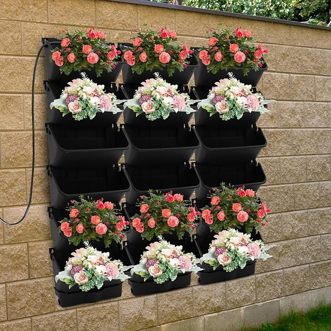 18 Pots Self-Watering Vertical Garden Planter Wall Mounted,with Smart Automatic Watering System, Digital Timer,Space Saving Wall Planter for Herbs Vegetables Fruits Flowers (Black)