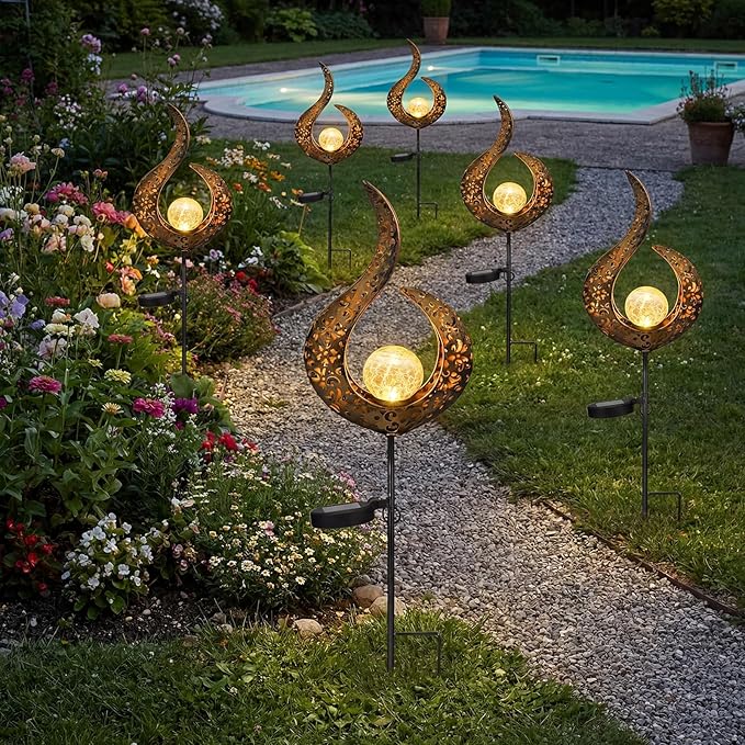 6 Pack Solar Stake Lights Outdoor Decorative Metal Ground Pathway LED Stake Lights Replacement Stakes Built-in Rechargeable Battery for Lawn Patio Yard Outdoor Garden Decor