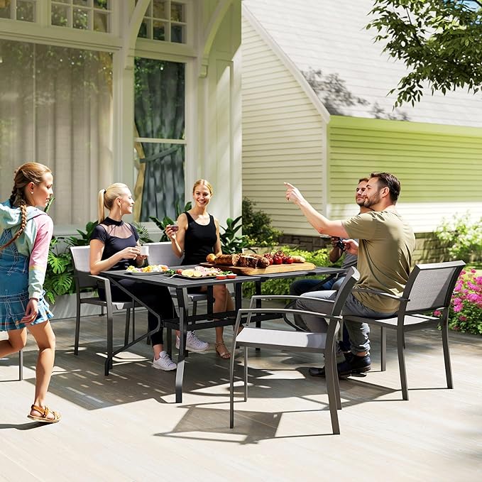 Outsunny Rectangle Outdoor Dining Table for 6 People, Steel Rectangular Patio Table with Umbrella Hole, Steel Frame for Garden, Balcony, Black