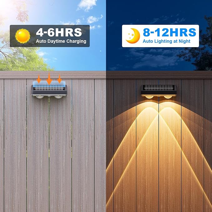 NIORSUN Solar Fence Lights,8 Pack Deck Light,Led Lights Warm White Outdoor Wall Lights,IP45 Solar Powered Light Waterproof for Backyard/Pool/Railing/Patio/Porch/Step/Outside/Garden (Black)