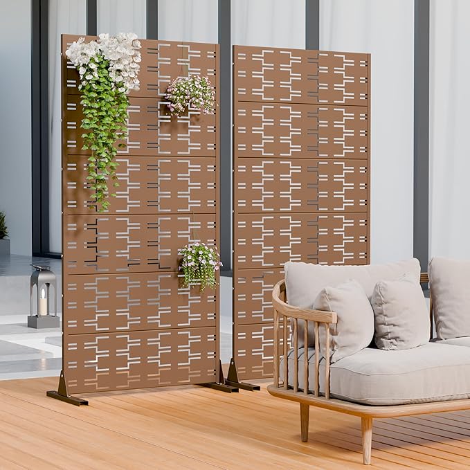 Casaphoria Metal Privacy Screen Outdoor, 72" H x 35" W Freestanding Decorative Privacy Screen for Patio Deck Balcony Garden with Stable Base, Brown-Brick