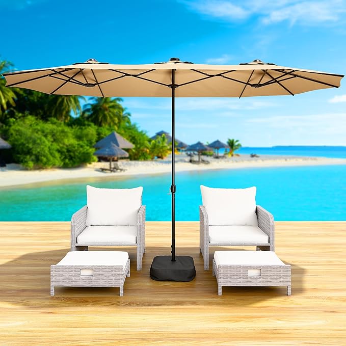 LEVELEVE 14FT Double-Sided Patio Umbrella with Base Included, Large Outdoor Rectangular Market Umbrella for Backyard, Poolside, Lawn & Garden, Khaki